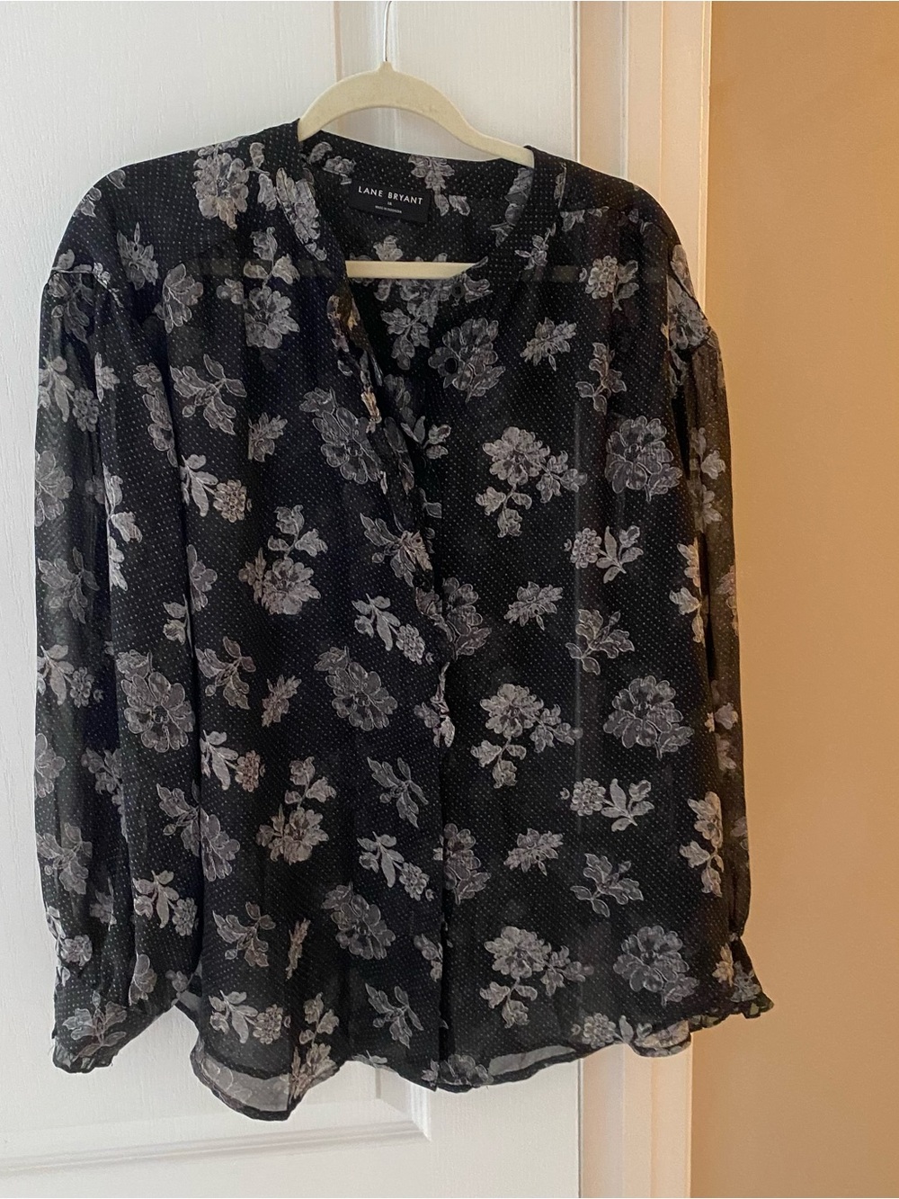 Lane Bryant Black Floral Sheer Button-Front Blouse